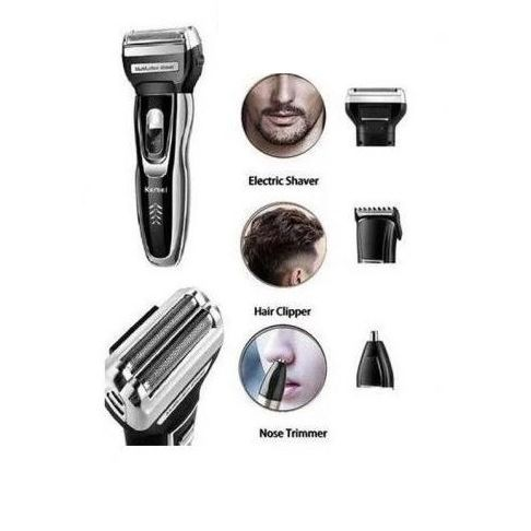 ماكينة حلاقة كهربائية 3 في 1 كيمي للاستعمال الجاف قابلة للشحن، اسود - KM-5558، مع حقيبة هدية 
