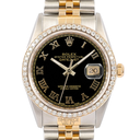 ROLEX DATEJUST GOLD & STEEL  WATCH BLACK ROMAN DIAL DIAMOND BEZEL-85