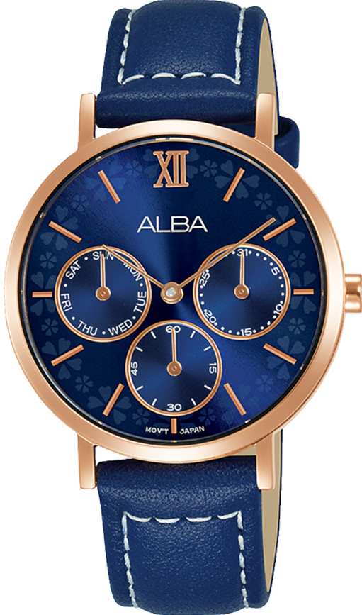 AP6692X1 Alba Fashion Contrast Stitching Leather Band Butterfly-Dial Analog Watch for Women - Navy and Rose Gold حريمي