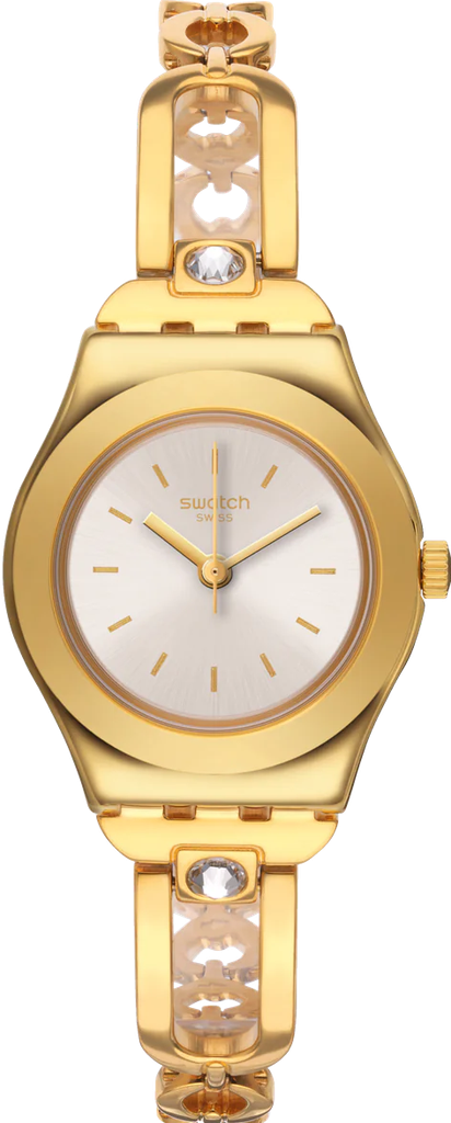 ساعة سواتش حريمي معدن ذهبي مينا أبيض