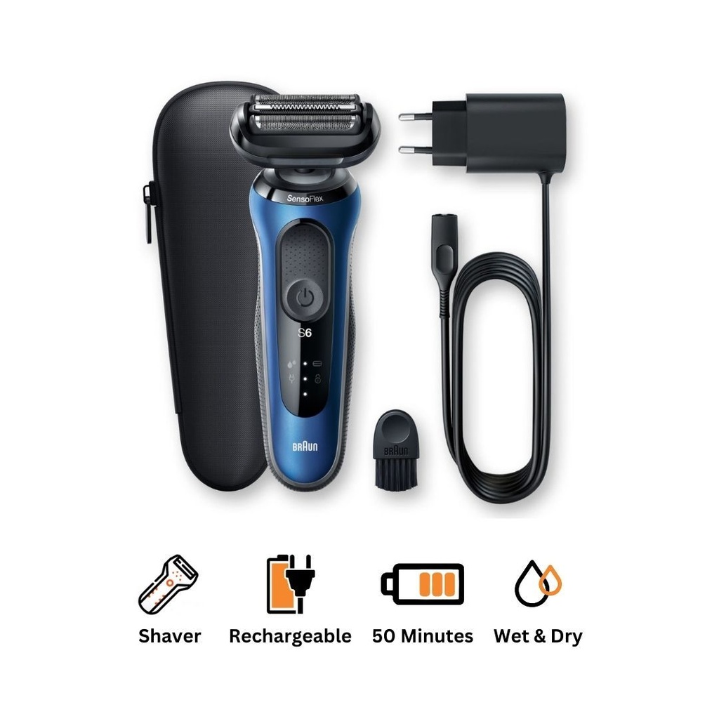 ماكينة حلاقة براون Series 6 SensoFlex للاستعمال الجاف والرطب، اسود/ازرق - 60-B1000s 