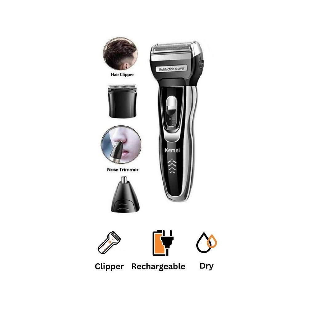 ماكينة حلاقة كهربائية 3 في 1 كيمي للاستعمال الجاف قابلة للشحن، اسود - KM-5558، مع حقيبة هدية 
