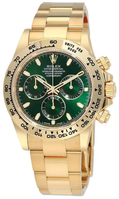 Rolex Cosmograph Daytona 116508 featuring a vibrant green sunburst dial and an 18k yellow gold Oyster case and bracelet-7
