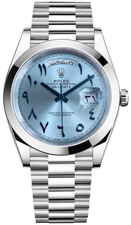 Rolex Day-Date wristwatch with an ice blue dial featuring Eastern Arabic numerals and an Arabic day display-58