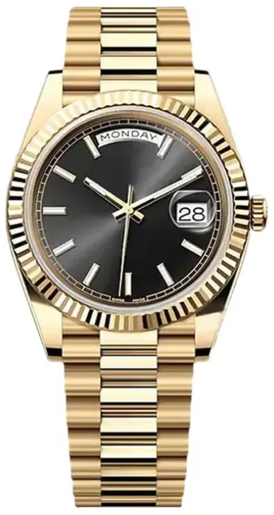 Rolex golden automatic men's watch featuring a black dial and a matching gold bracelet-64