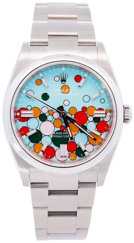 Rolex Oyster Perpetual watch featuring the colorful Celebration-72