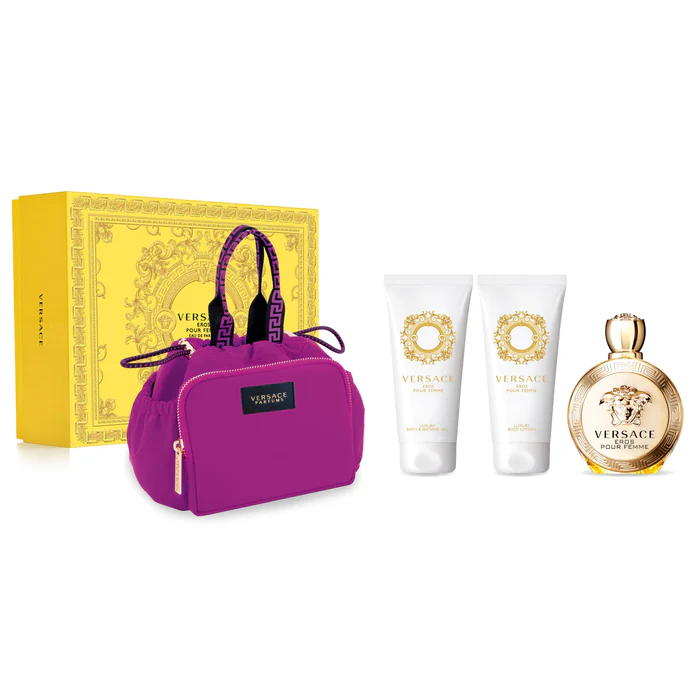 Versace Eros Pour Femme Eau de Parfum set including a perfume bottle and a pink pouch. 