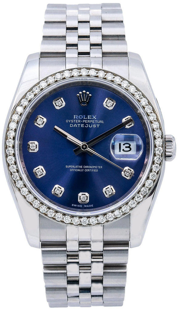  Rolex Datejust diamond bezel watch in stainless steel featuring a blue-97