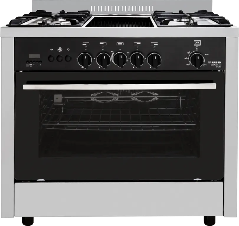 بوتجاز فريش بروفيشنال جريللو، بوتاجاز 6 شعله، 4 شعلة غاز، 2 شعلة كهرباء، 90×60 سم، أمان كامل، تايمر ديجيتال، مروحة، أسودxسلفر