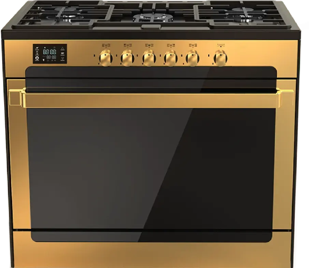 بوتجاز فريش ماتريكس، بوتاجاز 5 شعله، 60×90 سم، أمان كامل، شاشة تاتش ديجيتال، مروحة، شواية 360 درجة، ذهبي