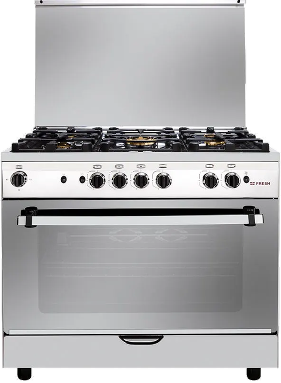 بوتجاز فريش هاي كاست، بوتاجاز 5 شعله، 90 × 60 سم، قلاية هواء، حوامل زهر، فضي