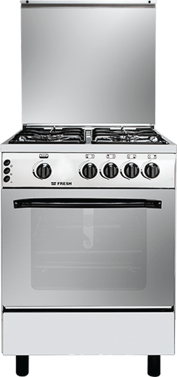 بوتجاز فريش رينبو، بوتاجاز 4 شعله، 60*60 سم، حوامل من المينا، اشعال ذاتي بالكامل، محرك شواية، ستانلس ستيل