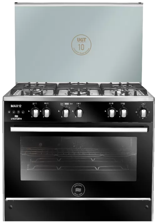 بوتاجاز يونيون اير ماكس 12، بوتجاز 5 شعله، مقاس 60×80 سم، حوامل زهر، شواية - مروحة فرن، أسود، C68SS-GC-447-IF-SO-2W-M12-AL