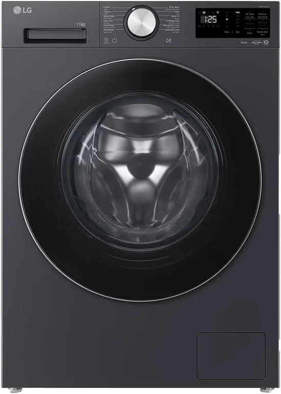 غسالة ال جي فول اوتوماتيك ، 11 كيلو ، واى فاى ، محرك دفع مباشر ، انفرتر ، تدعم الذكاء الاصطناعى ، رمادى ، باب اسود ، F4X5EYG24