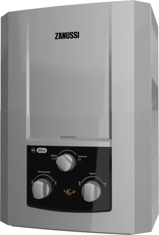 سخان مياه غاز زانوسي دلتا، سعة 6 لتر، شاشة رقمية، يعمل بالادابتور، بدون مدخنة، لون فضي، موديل 945105570