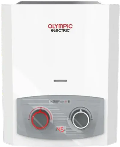 سخان مياه غاز أولمبيك هيرو فلو 6 لتر غاز، شاشة ديجيتال، ادابتور، بدون مدخنة، أبيض
