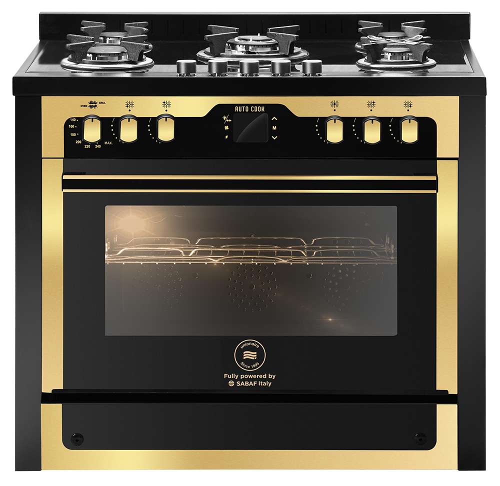 بوتاجاز يونيون اير اى شيف جولدن ايديشن، بوتجاز 5 شعله، 60*90 سم، حوامل زهر، اوتو كوك، شاشة ديجيتال، مروحة فرن، أسود * ذهبي، C69GB-1GC-383-ICPS2F-PC-2W-AL
