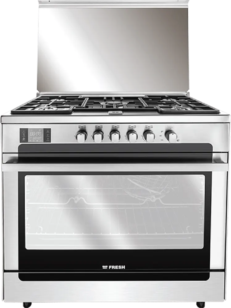 بوتاجاز فريش ماتريكس، مقاس 60-90 سم، 5 شعلة، أمان كامل، مروحة، شواية، تايمر باللمس، مزود بمقلاة هوائية، ستانلس مط، كود 16932
