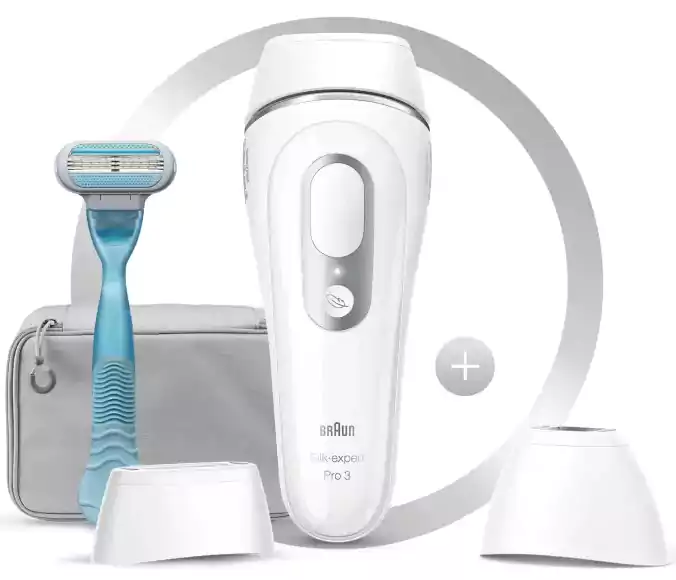 ماكينة إزالة الشعر سيلك اكسبيرت برو 3 بالليزر من براون،للاستخدام الجاف ،مع 3 ملحق , أبيض، PL3121
