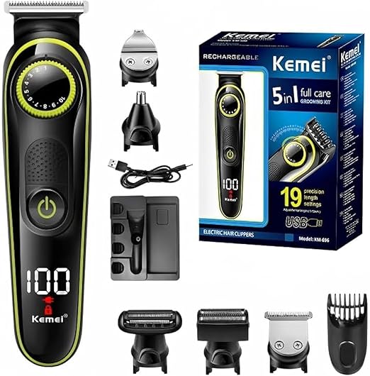 ماكينة حلاقة و تشذيب الشعر والذقن من كيمي ، 5 في 1 ، قابلة لاعادة الشحن، شاشة ليد، أسود، KM-696
