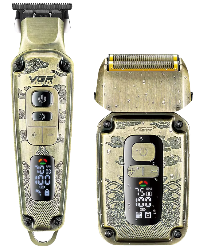 مجموعة أدوات حلاقة الشعر 2 فى 1 من في جي ار بروفيشينال ، شاشة ال اي دي ، قابلة لأعادة الشحن ، ذهبي ، V-641
