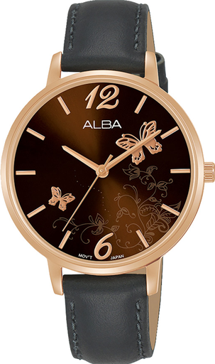 [AH8780X1] AH8780X1 Alba Fashion Leather Band Butterfly-Dial Analog Watch for Women - Black and Rose Goldحريمي