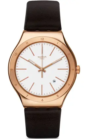 [YWG405] ساعة سواتش جلد بني مينا ابيض حريمي