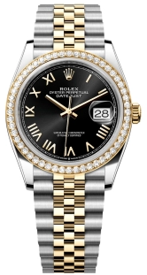 [ROLEX DATEJUST GOLD & STEEL  WATCH BLACK ROMAN DIAL DIAMOND BEZEL-85] ROLEX DATEJUST GOLD & STEEL  WATCH BLACK ROMAN DIAL DIAMOND BEZEL-85